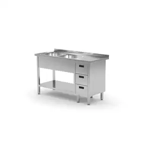 Stół ze zlewem dwukomorowym z lewej strony z blokiem trzech szuflad i półką 1700x600x850 mm | TECHNICA, 2263L1760