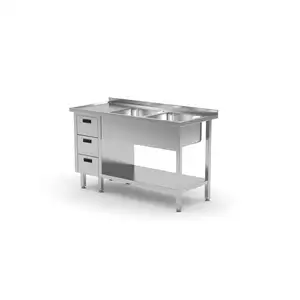 Stół ze zlewem dwukomorowym z prawej strony z blokiem trzech szuflad i półką 2000x700x850 mm | TECHNICA, 2263P2070