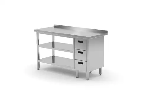 Stół przyścienny z blokiem trzech szuflad po prawej stronie i dwiema półkami 1600x700x850 mm | TECHNICA, 12632P1670