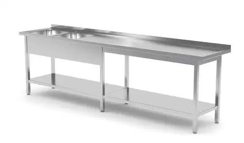 Stół ze zlewem dwukomorowym z lewej strony z półką 2300x700x850 mm | TECHNICA, 2236L2370