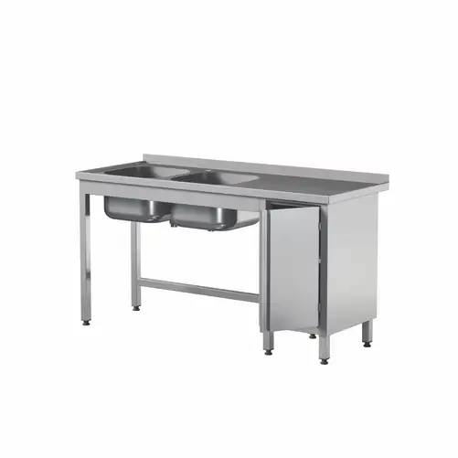Stół przyścienny z dwoma zlewami i szafką ze stali nierdzewnej, 1500x700x850 mm, ECO Line | EDENOX, STW-157/2 PL L HD